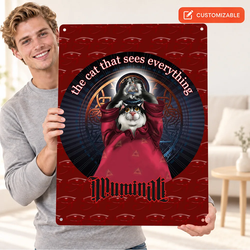 All Seeing Cat With Eye Symbols Aluminum Poster Personalized Metal Sign Illustrated Wall Art For Games Room, Housewarming Gift
