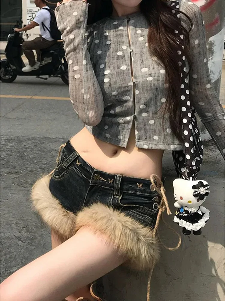 Y2K Jeans Shorts Damen American Retro Plüsch Low Rise Furry Boot Hose Winter