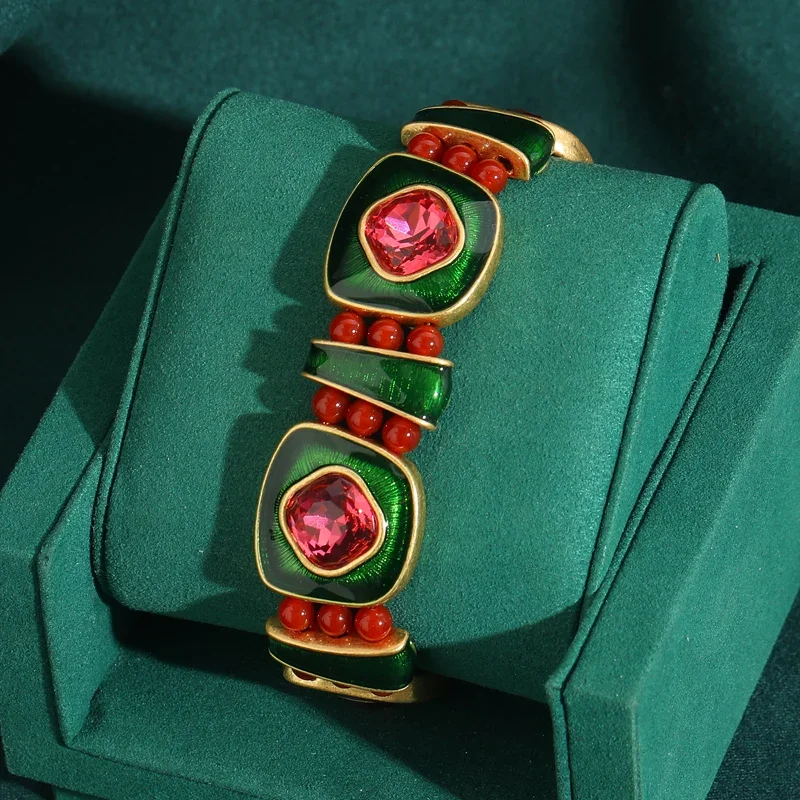 Vintage Fashion Crystals Pink Bangle Bracelet Thick Charm Green Enamel Sugar Cubes Accessories Woman Jewelry Luxury Retro Outfit