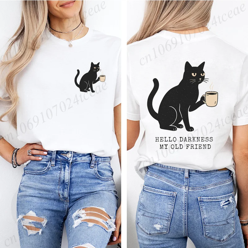 Loose Graphic Hello Darkness Funny Black Cat Print T-Shirt Short Sleeve Crew Neck Casual Top for Summer Halloween Women Clothing