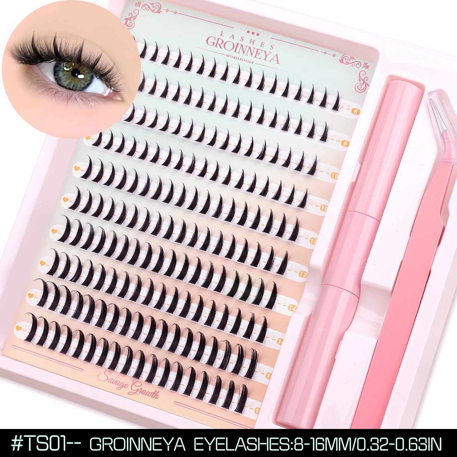 GROINNEYA Flauschiges Wimperncluster-Set mit wasserdichtem, starkem Halt, DIY-Wimpernverlängerungsset, Wimpernbindung, Versiegelung und Wimpernpinzette, Make-up – Detail 7
