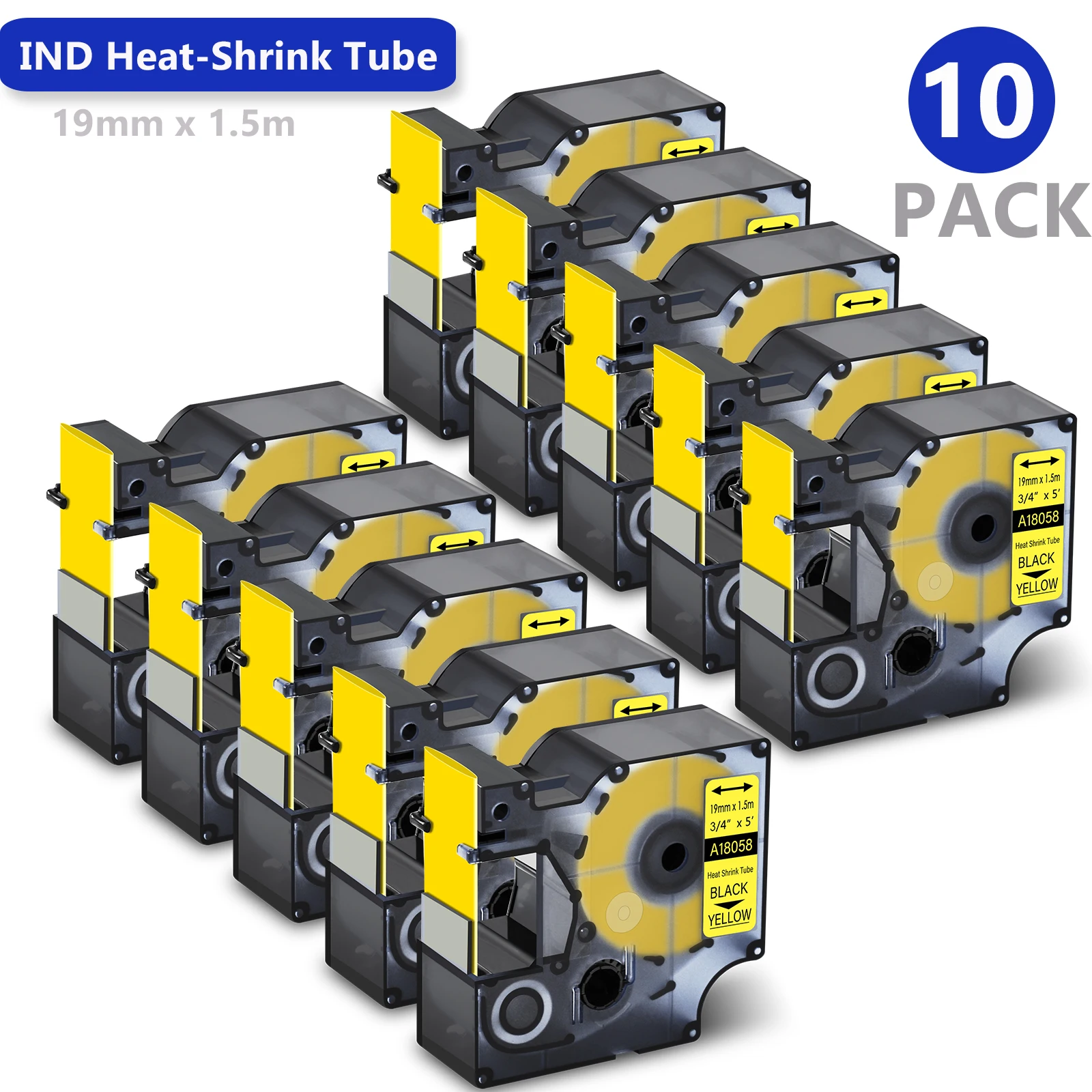 

10PK 3/4inch Black on Yellow Label Compatible for Dymo 18058 4.92' Heat Shrink Tube Labels for DYMO Rhion 5200 3MPL300 Printers