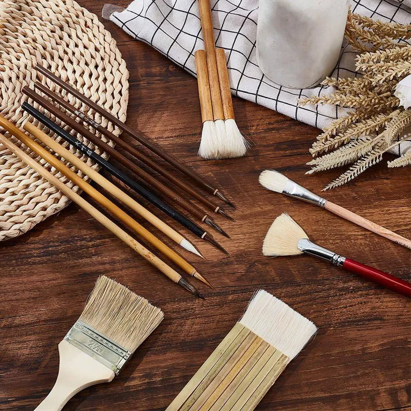 12Pcs Pottery Glaze Brushes Wooden Watercolor Wool Hair Sector Painting Brushes For Drawing Artists Painting Calligraphy