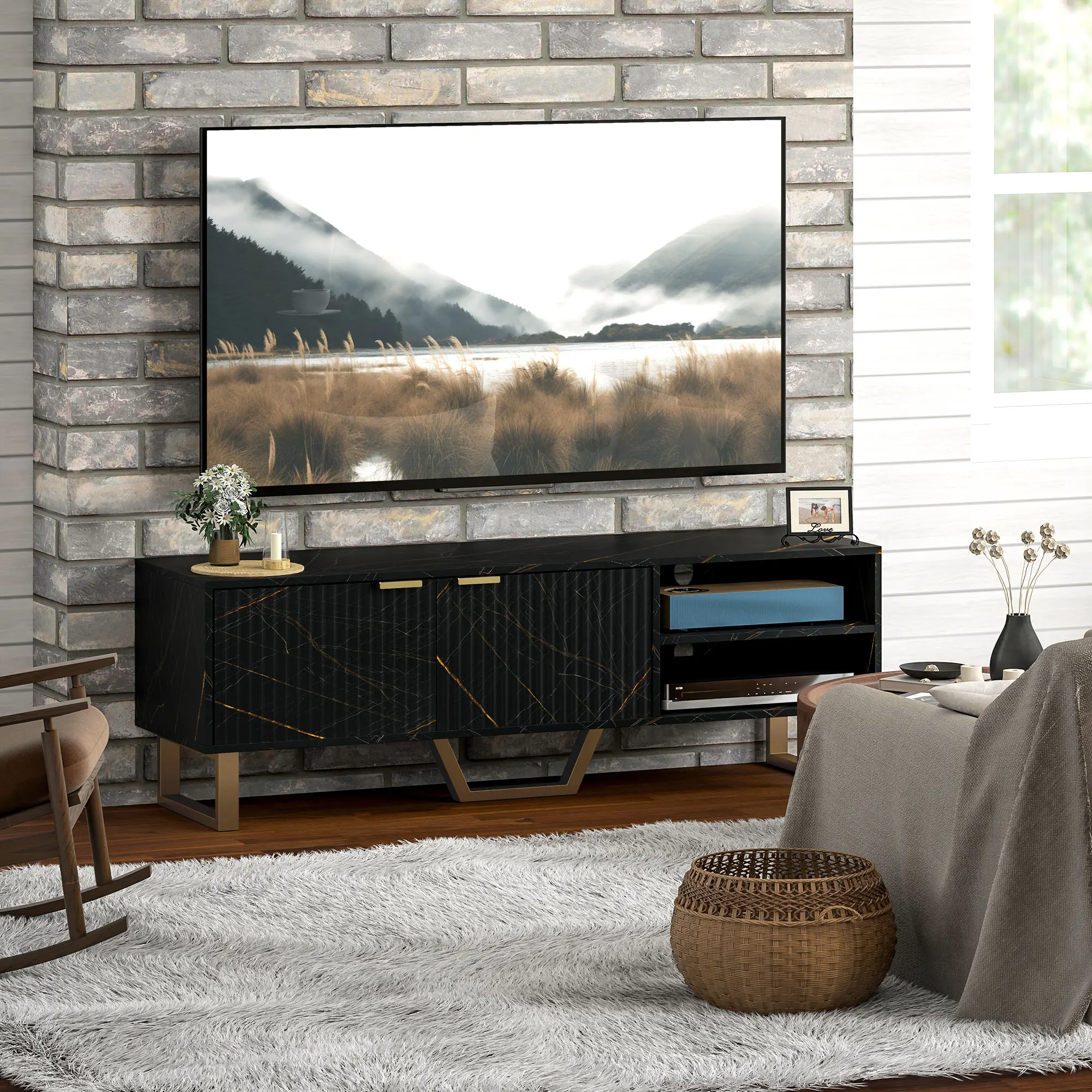 HOMCOM TV Unit, TV Stand Cabinet with Shelves and Storage Cupboard, Black