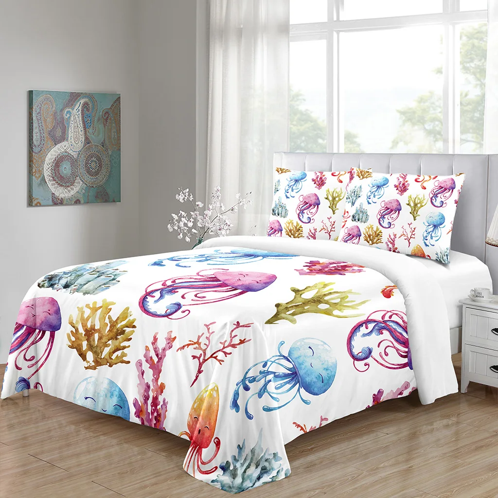 Imagem -03 - Conjunto de Cama de Linho para Crianças Colcha de Lugares Capa de Edredão Ocean World Tubarão Rainha Rei Tamanho Grande 200x200 240x220 160x200 Peças