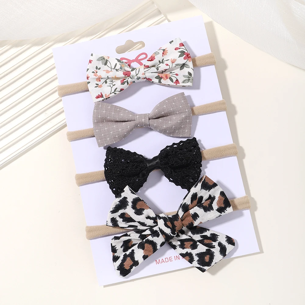 4Pcs/set Bow Baby Headband For Girls Cotton Linen Leopard Printed Newborn Headbands Lace Hair Bands Turban Kids Hair Accessories