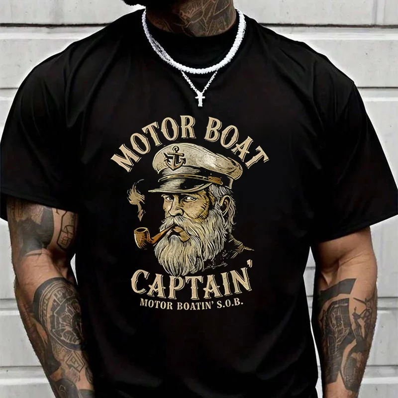 

Мужская модная футболка с ретро-графикой яхты, изображением капитана и мотора, с надписью на тему водного спорта, повседневная летняя футболка с коротким рукавом и круглым вырезом