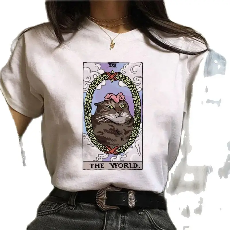 

Tarot Cat Print T-shirt Summer Fashion Casual Women's Top Retro Style Oversized T Shirt Shirts for Women Tops Graphic Tshirts