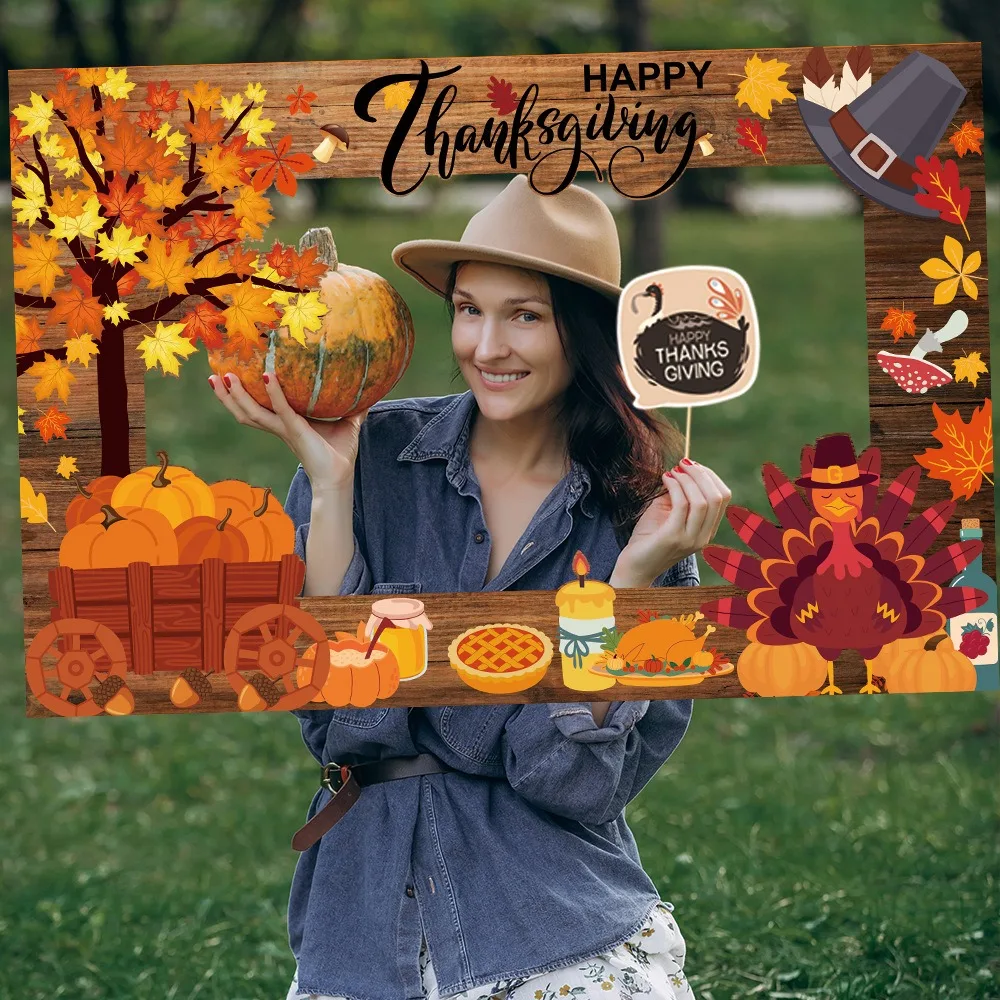 21pcs Cartoon Thanksgiving Photobooth Prop Mask Glasses Party Paper Frame Autumn Leaves Colorful Handheld Frame Prop Photo Booth