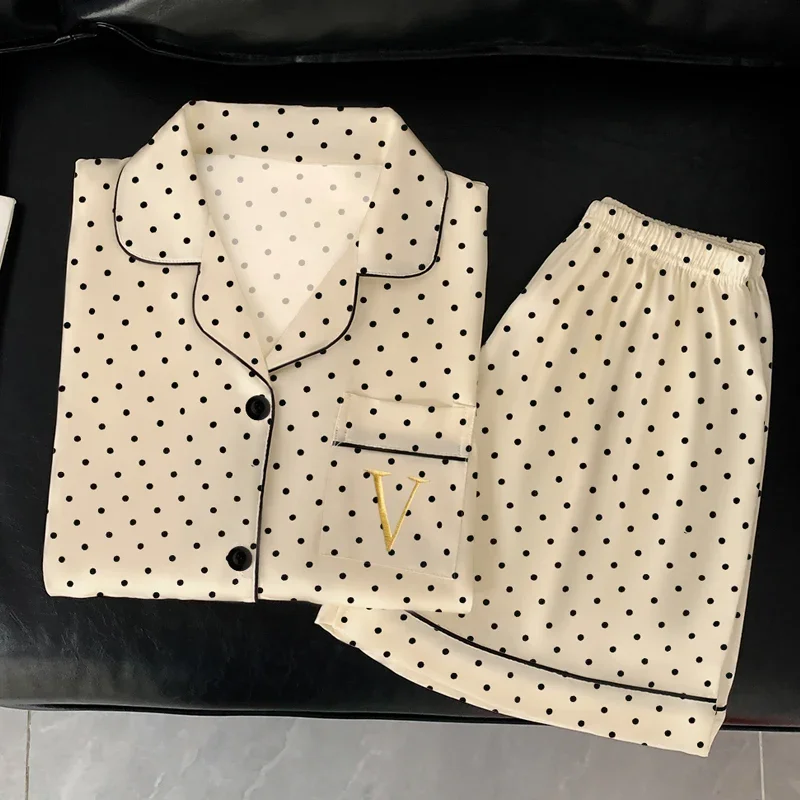 Letter Dot Print Korean Sweet Home Wear Woman Casual Simple Fashion Two Pieces Pajamas Set New Summer New Short Women's Pajamas 4