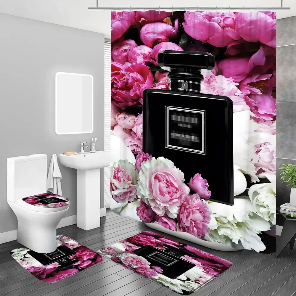 Luxury Perfume Cosmetic Flowers Art Fashion Girl Perfume Bottle Printed Shower Curtain with Hooks Mat Rug Bathroom Decor Set