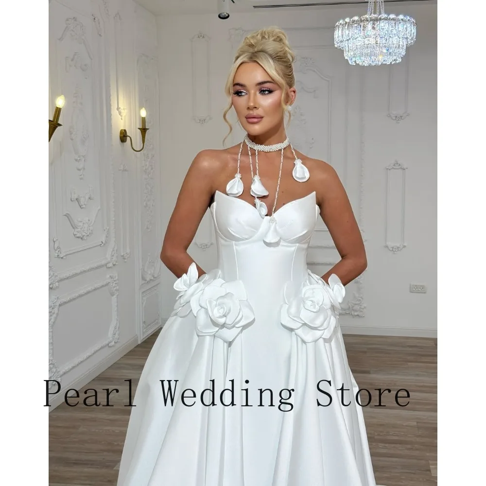 Customized White Strapless Satin 3D Flower A-Line Wedding Dress With Pockets Women 2026 Bridal Gown Plus Size