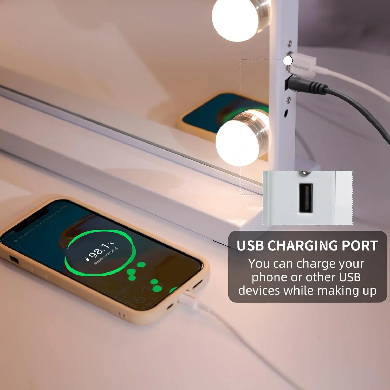 مرآة مكياج كبيرة مضاءة مع مكبر صوت بلوتوث، و15 لمبة LED، و3 أوضاع إضاءة، وشحن USB، وتكبير 10 مرات