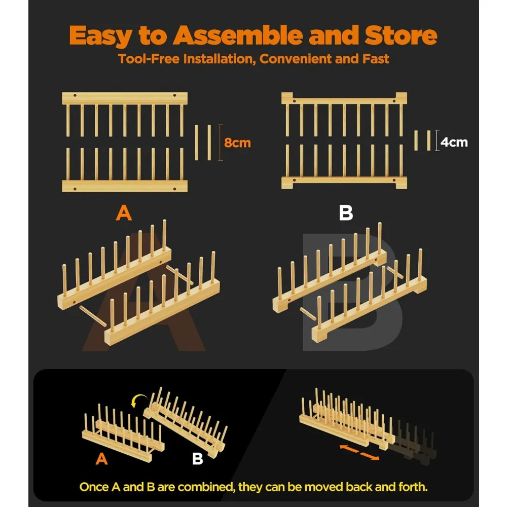 Conjunto de 2 cremalheiras de secagem de prato de bambu, organizador de placa ajustável para armário, economia de espaço para pratos, tigelas, copos, tampas de pote e corte