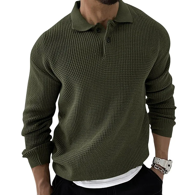 Mens Long Sleeve Waffle Knit Polo Top Solid Color Button Lapel Relaxed Pullover Shirts Casual Streetwear for Spring Fall
