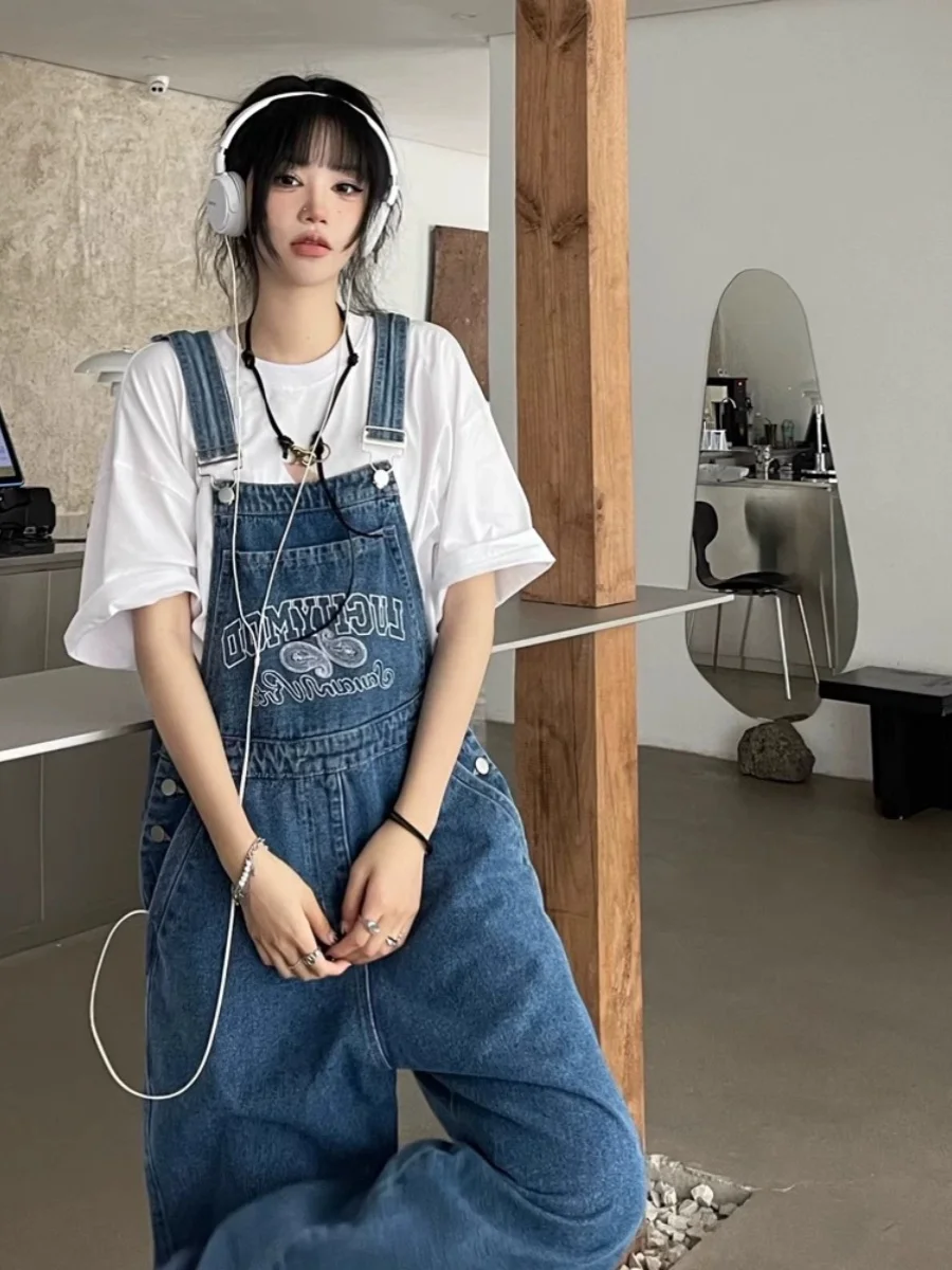 

Американский ретро-комбинезон из денима для женщин, весна-лето, свободный, стройнящий, омолаживающий, для студенток, прямой крой, широкие штанины