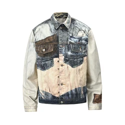 Y2k Contrast Color Back Lace Up Patchwork Denim Coat for Men and Women Windbreaker Bomber Jacket Casual Loose Jeans Clothes