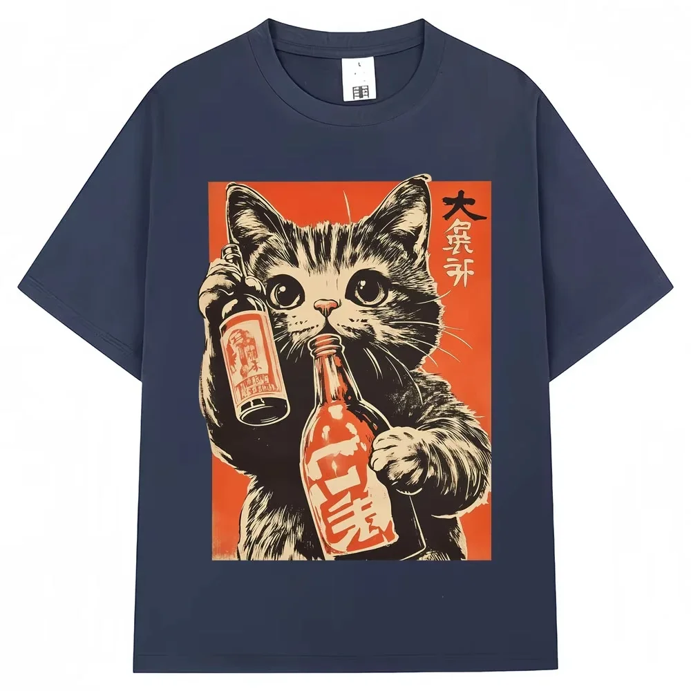 Japanese Style Cat Drinking Graphic T Shirt Vintage Fashion Kawaii Men Women T-shirt Oversized Cotton Casual T Shirts Streetwear
