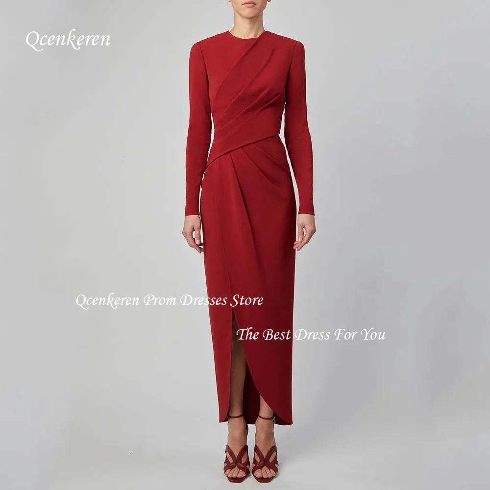 Qcenkern-Robe de Soirée Rouge à Manches sulfet Col Rond pour Femme, Tenue Formelle pour Occasions Spéciales, Mariage Saoudien, Sirène, 2023