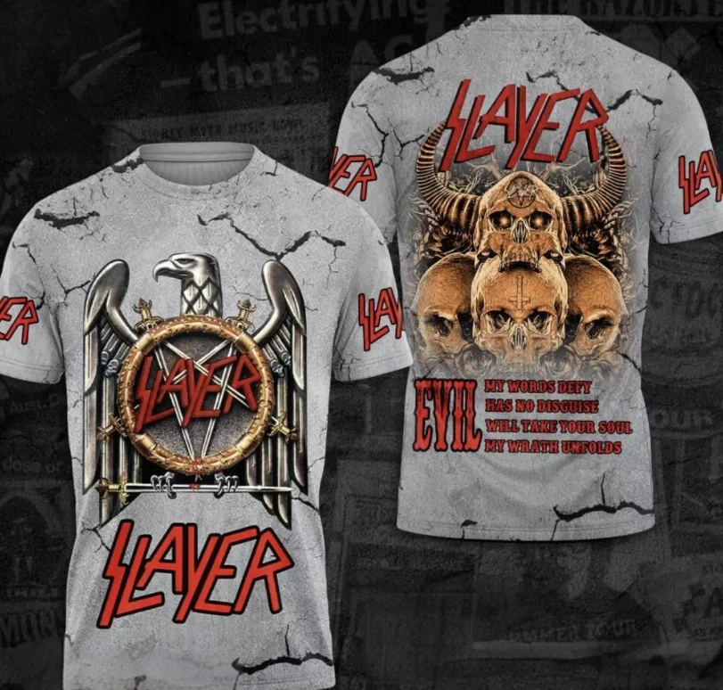 3D-geprint T-shirt van Metal Rock Band Slayer Heren T-shirt, Hiphop Street T-shirt, Modieus topje met korte mouwen