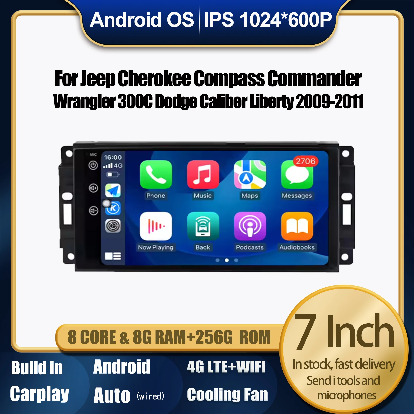 

7'' Car Radio Android 14 For Jeep Cherokee Compass Commander Wrangler 300C Dodge Caliber Liberty 2009-2011 Carplay 4G NO 2 Din