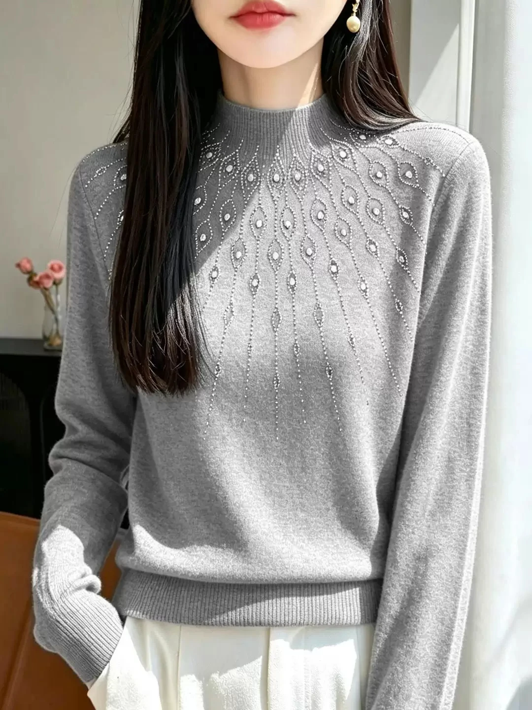 Heavyweight Sparkling Knit Sweater Women's Autumn Winter Half High Collar Inner Wear Fashionable Warm Base Layer Top