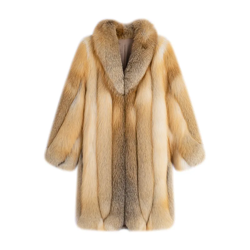 2025 Sunset Gilding' Women's Noble Golden Island Fox Fur Coat New Full-length Breathable Casual Outerwear For Winter