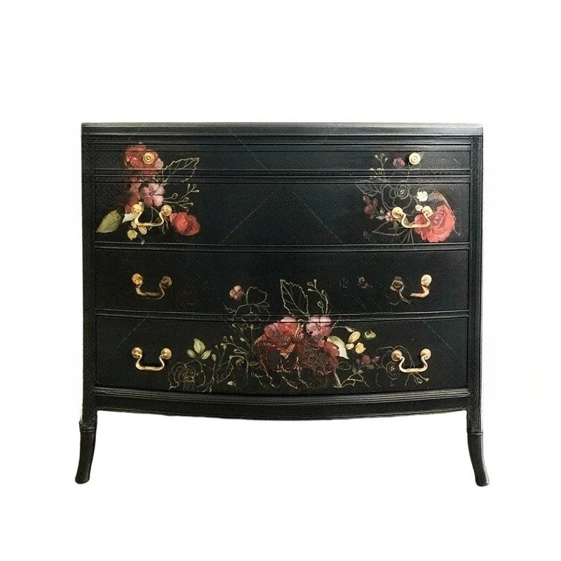 

French retro solid wood hand-painted porch cabinet small apartment home decoration cabinet flower black locker