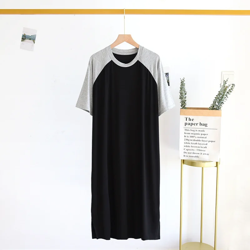 Splicing Round Neck Nightgown Sleepdress Men Short Sleeve Homewear Casual Night Dress Solid Color Home Clothes Silk Homedress