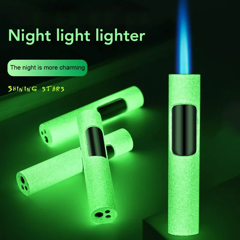 Glow-in-thedark Pen Type Four-section Torch Turbo Butane Gas Lighter Windproof Cigar Cigar Metal Gift Lighter Portable Wholesale