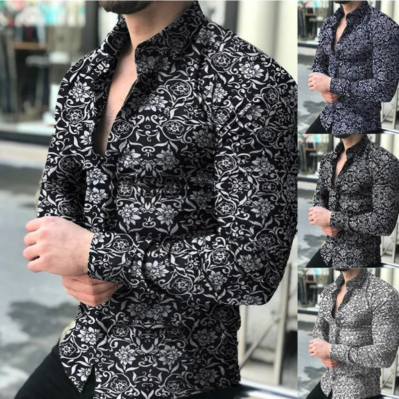 2025 Spring and Autumn New Fashion Men's Shirts Muscular Men's Turn-down Collar Casual Flower Shirts Slim Elegant Party Sh