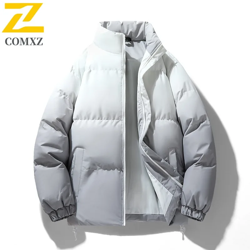 COMXZ New Winter Gradient Color Padded Thick Warm Cotton Coat Loose Unisex Stand Collar Quilted Jacket lightweight windbreaker
