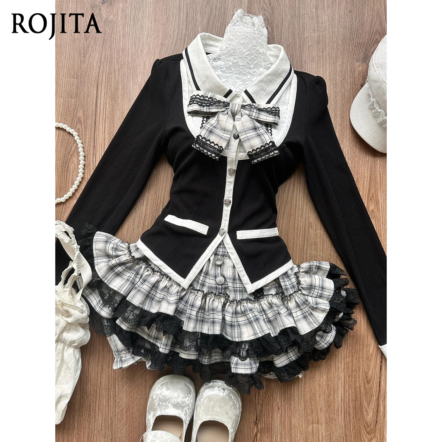 

College Style Women Outfit Long Sleeve Button Patchwork Waist Black Top Gray White Check Lace Patchwork Skirt Set for Women