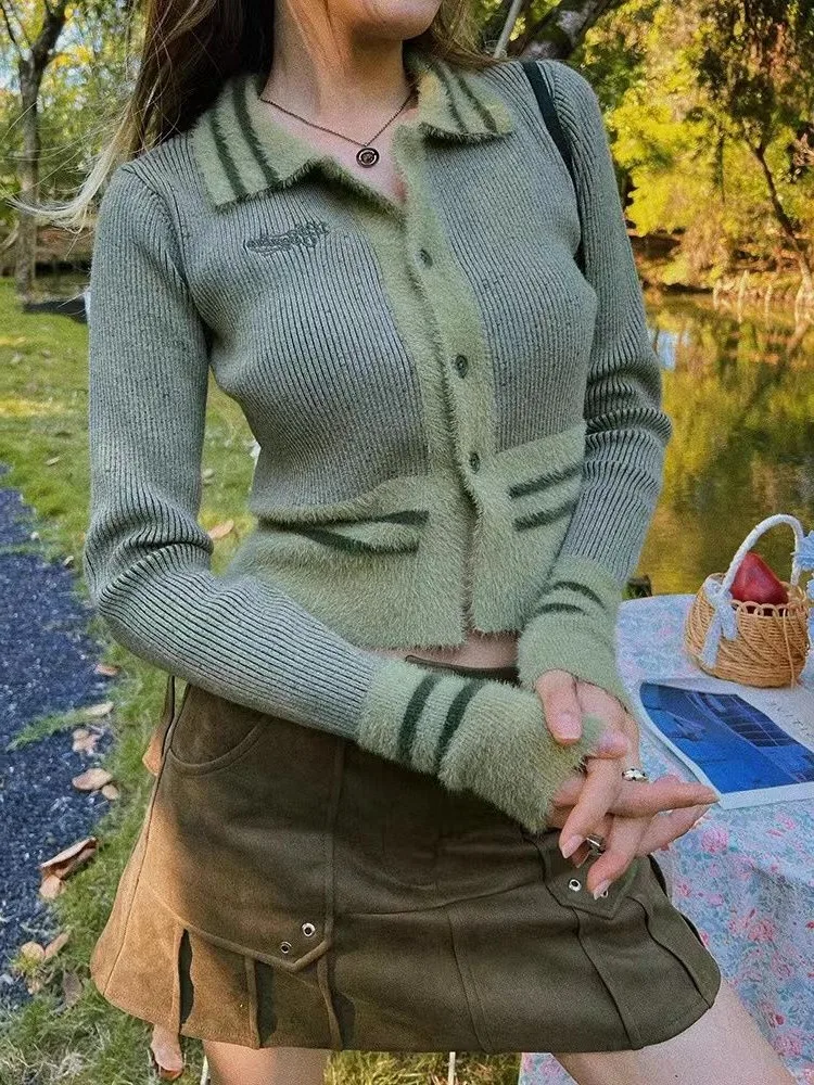 

Vintage Y2K Patchwork Green Sweater Cardigan Women Hippie Retro Streetwear Slim Knit Tops Striped Crop Jumper Female