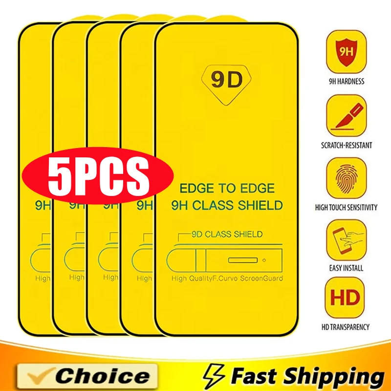 

5Pcs 9D Protective Glass For iPhone 16 15 14 11 12 13 17 Pro Max Screen Protector For iPhone XR X XS 15 16 Plus Full Cover Glass