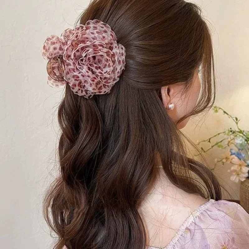New Leopard Print Fabric Flower Claw Clip Vintage Beach Crab Hair Clips Hairpins Shark Clamp For Women Vacation Hair Accessories - view 5