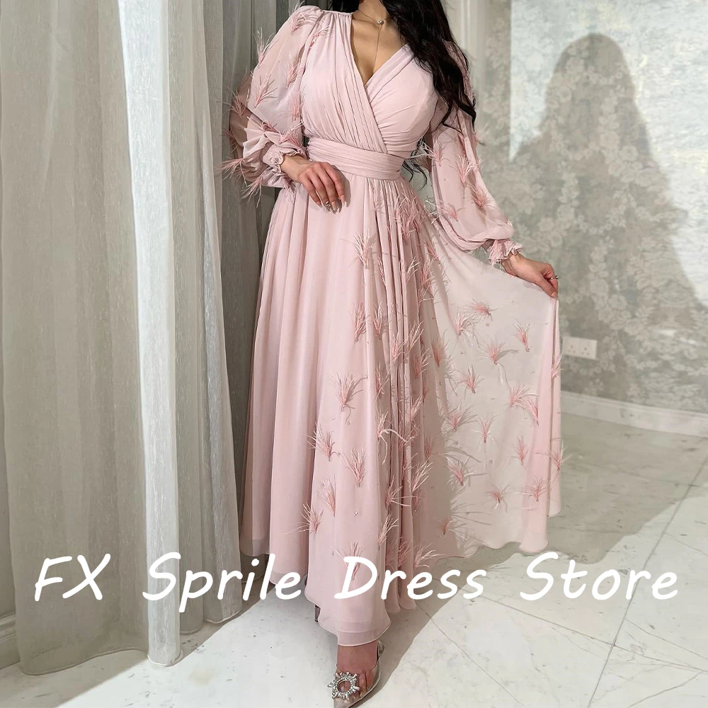 V Neck Long Sleeves Feathers Chiffon Pleats Straight Ankle Length Ruffles Solid Color Evening Dress Elegant For Formal Occasions