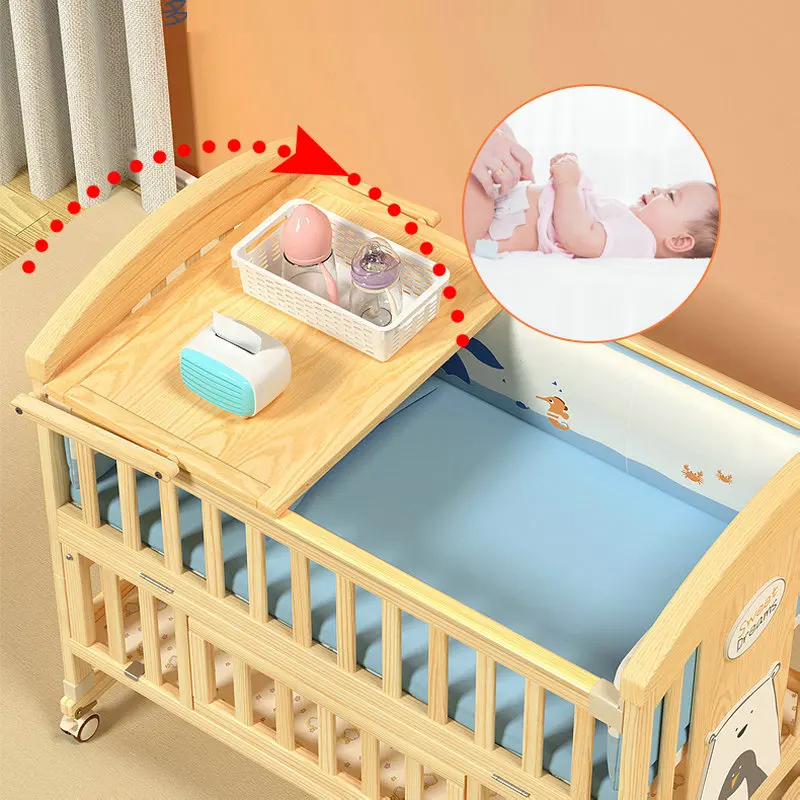 Multifunctional Baby Crib, Can Extend To 12 Ages Elder Children Bed, Solid Wood Movable BB Cradle Cot