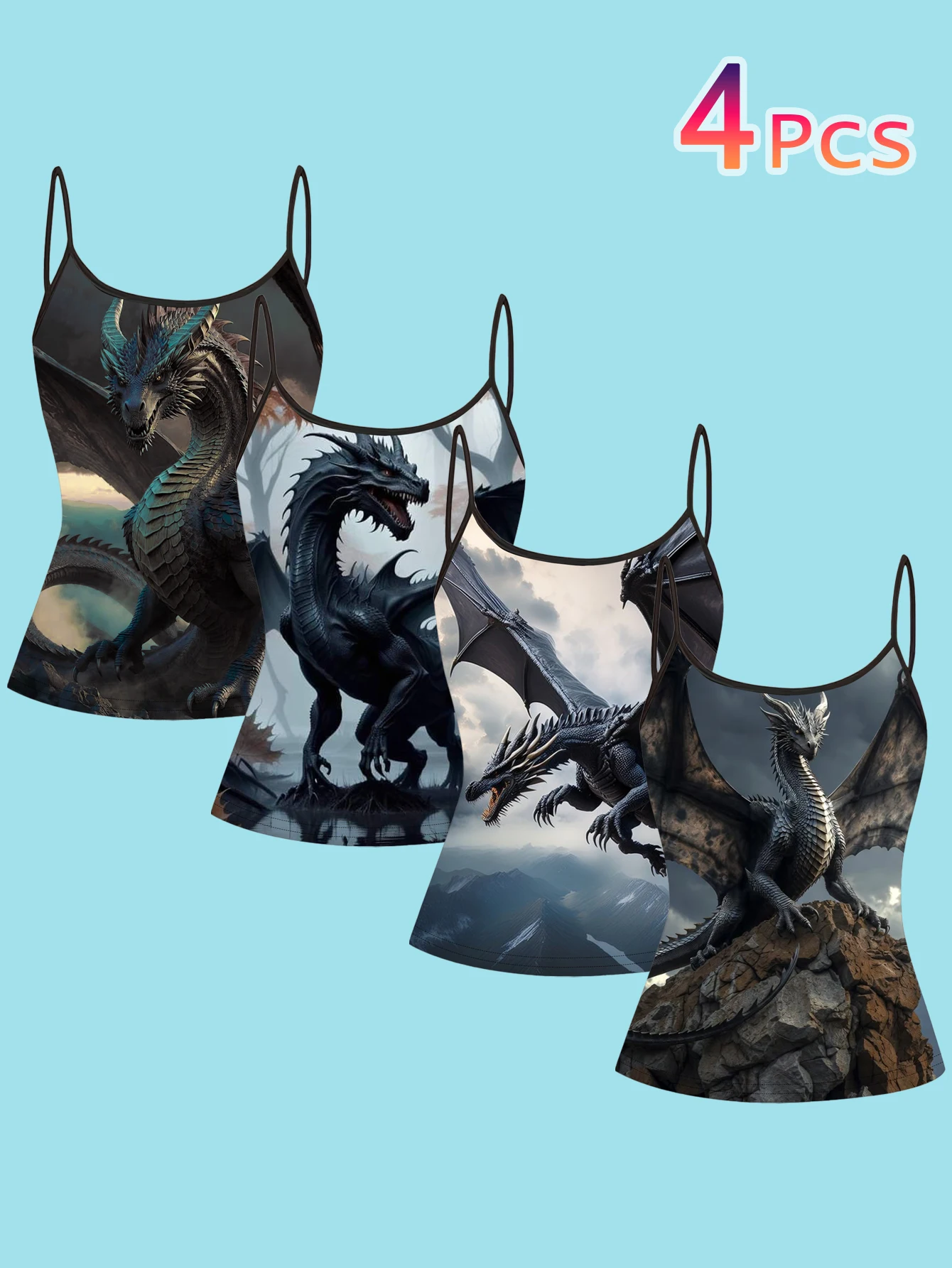4-Piece Set of Epic Mythological Dragon-Themed Camisole Set with Dark Monster Patterns, Slim-Fit Women's Inner Tank Top