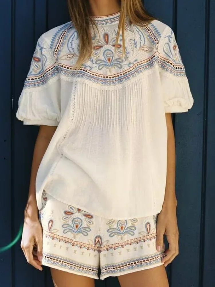 Retro Style Women's Casual Loose Short Sleeve Embroidered White Shirt Top And Bottom Set Spring Summer New Arrival 5770025