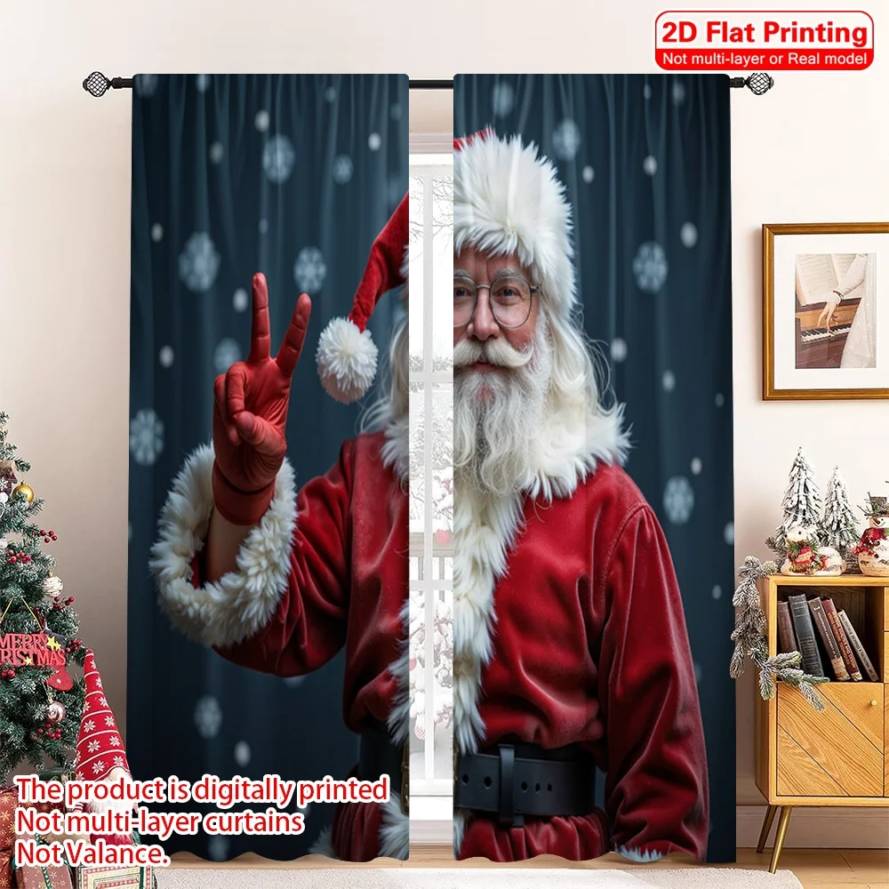

2pcs 2D flat printing Merry Christmas Party Curtains Santa Claus Shhh Pose Polyester Without Electricity Party Decorations for