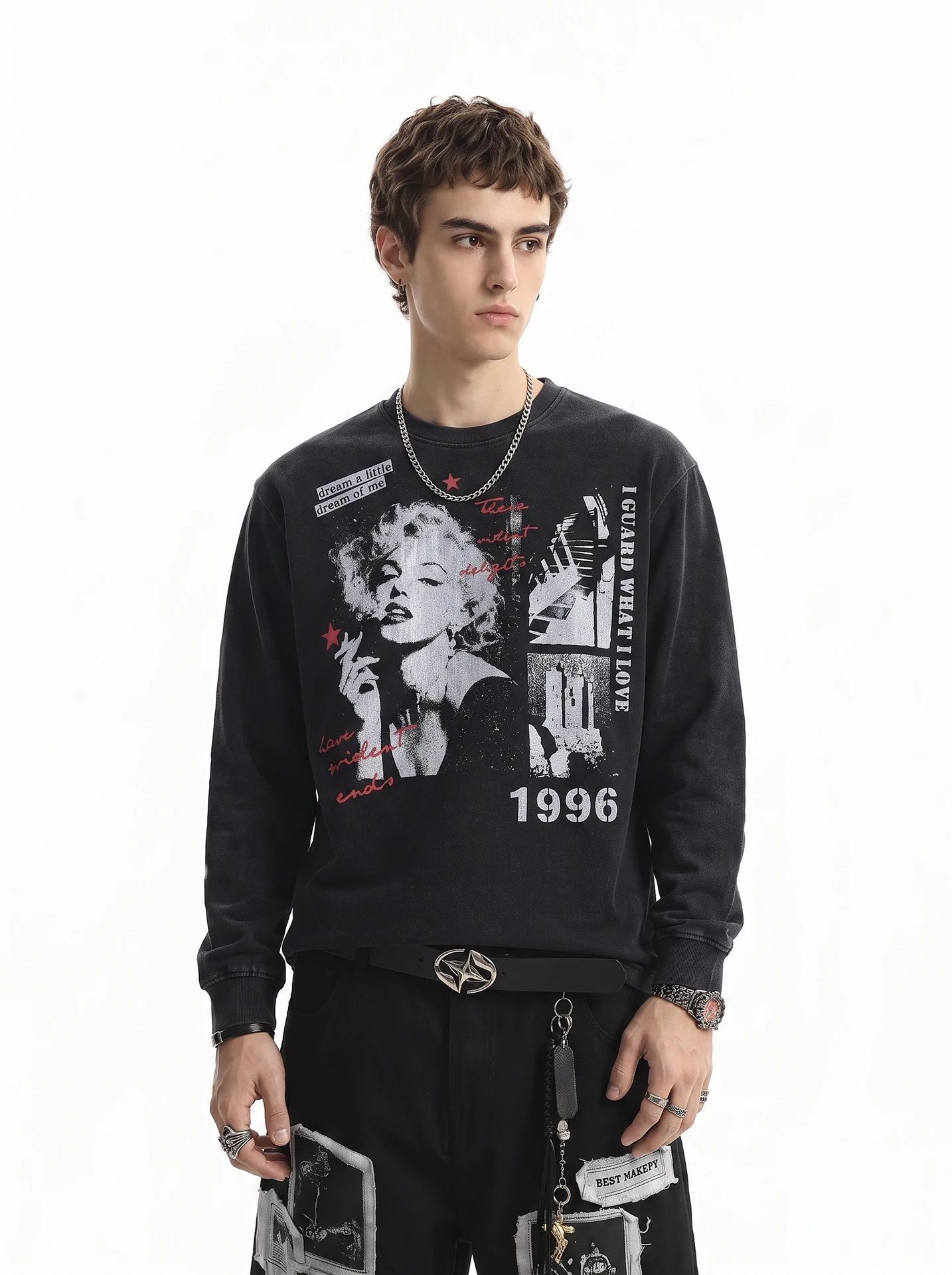 American High Street Long Sleeve T-Shirt Men's Vintage Subculture Print Loose Fit round Neck Casual Top for Autumn