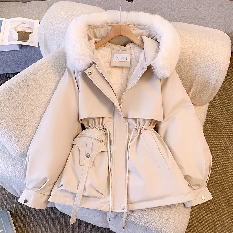 Detachable Solid Color Hooded Cotton-padded Jacket Winter 2024 Waist Slimming Plus Velvet Padded Coat Women