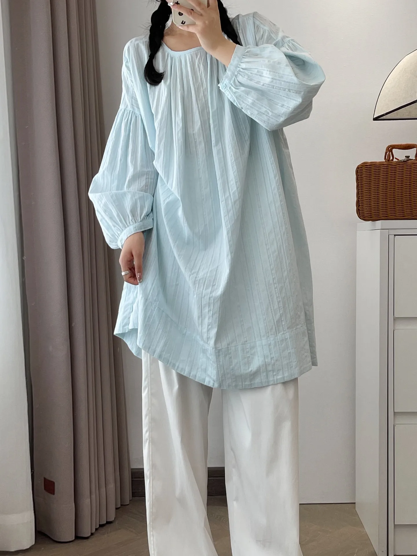เสื้อทรงหลวมสไตล์ญี่ปุ่นทรงกลม Ne Long Sve ปกปิดเนื้อเนื้อเรียบง่าย Bubble Sve Ele Age Reducing Top