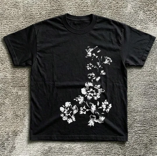 2026 Fashion New Arrival Unisex Vintage Grunge T-Shirt, Crew Neck Short Sleeve Monochrome Vertical Falling Cherry Blossom Dark Floral Art Print, Casual Street Tops For Spring Summer, Basic T-Shirt