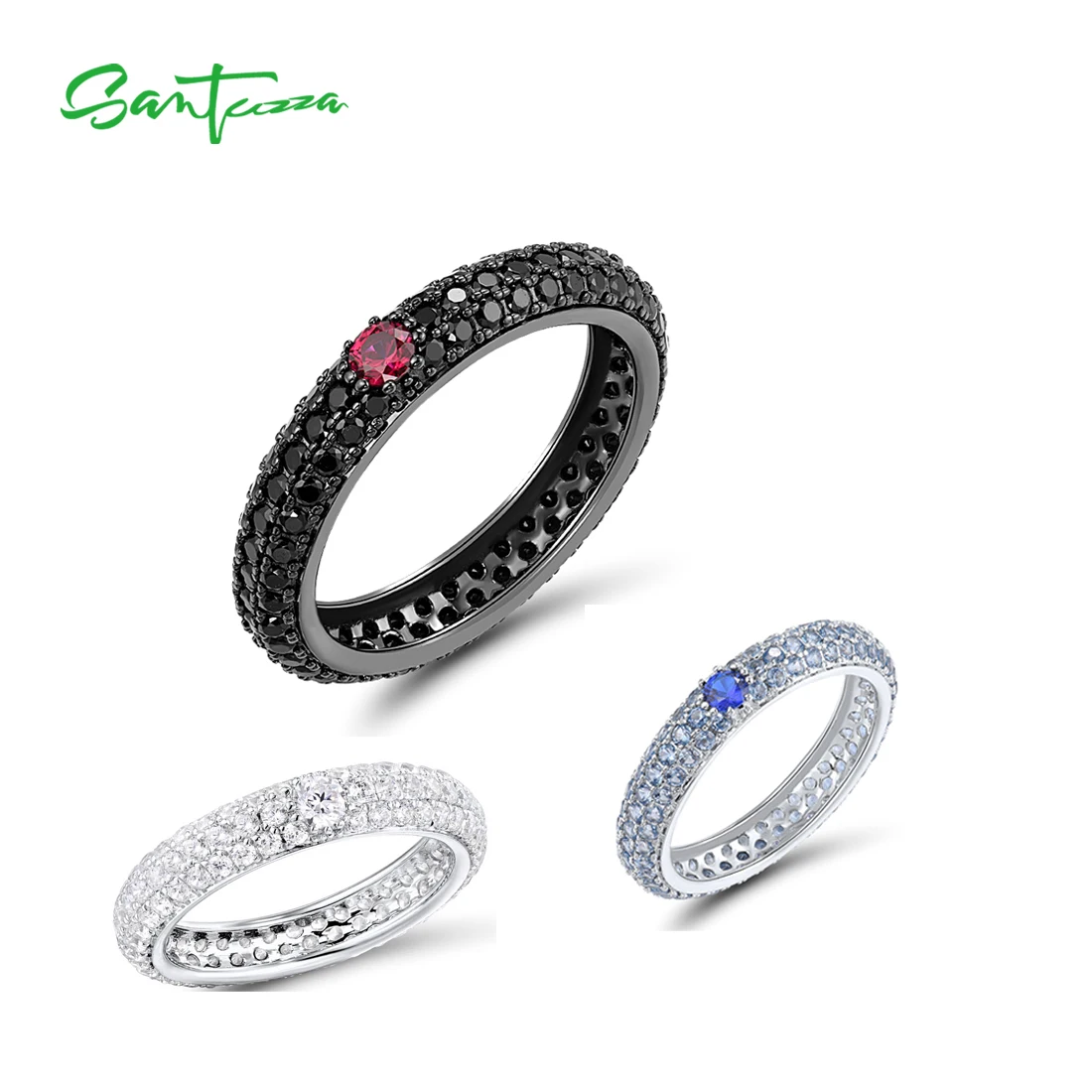 

SANTUZZA Pure 925 Sterling Silver Rings For Women Multi-color Gems Stackable Colorful Eternity Ring Wedding Gift Fine Jewelry