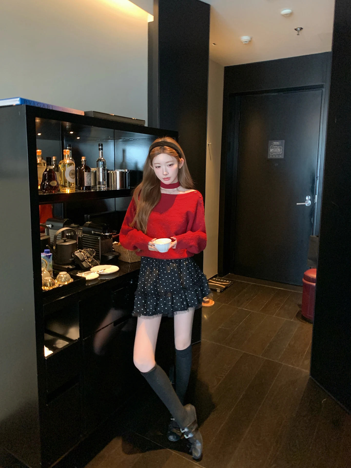 

Chen Dayu Красивая клетчатая юбка трапециевидной формы, женская осенне-зимняя пышная юбка в горошек с высокой талией, корейская юбка