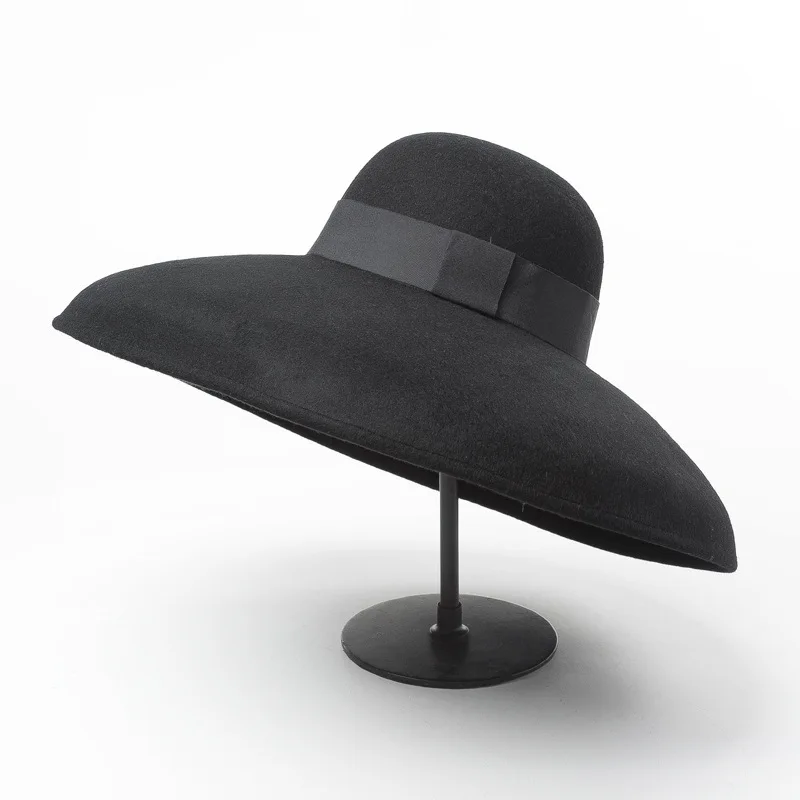 Winter Retro Style Pure 100% Wool Floppy Hat Women Fedora Wide Brim Cloche Bowler Ribbon Band Wedding  Church Hat Party