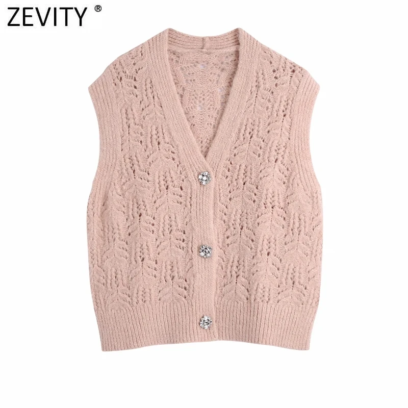 Zevity moda damska V Neck Hollow Out szydełkowy sweter z dzianiny damskie bez rękawów diamentowe o kroju kamizelki zapinanej na guziki rozpinane