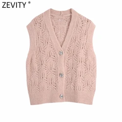 Zevity moda damska V Neck Hollow Out szydełkowy sweter z dzianiny damskie bez rękawów diamentowe o kroju kamizelki zapinanej na guziki rozpinane eleganckie koszule SW842